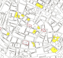 Ubicazione dei palazzi del XVIII secolo (Foto Pisante) 1-Pal.CURTOTTI; 2-Pal.RIPOLI; 3-Pal.CARAFA; 4-Pal.CAVALIERE; 5-Pal.GERVASIO; 6-Pal.LOPS; 8-Pal. GIULIANI; 9-Pal.RISPOLI; 10-Pal.DE PETRIS; 11-Pal.DEL SORDO; 12-Pal.DEL SORDO