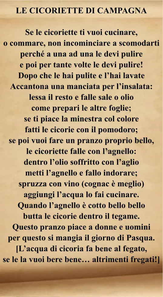 LE CICORIETTE DI CAMPAGNA  Se le cicoriette ti vuoi cucinare, o commare, non incominciare a scomodarti perché a una ad una le devi pulire e poi per tante volte le devi pulire! Dopo che le hai pulite e l’hai lavate Accantona una manciata per l’insalata: lessa il resto e falle sale o olio come prepari le altre foglie; se ti piace la minestra col colore fatti le cicorie con il pomodoro; se poi vuoi fare un pranzo proprio bello, le cicoriette falle con l’agnello: dentro l’olio soffritto con l’aglio metti l’agnello e fallo indorare; spruzza con vino (cognac è meglio) aggiungi l’acqua lo fai cucinare. Quando l’agnello è cotto bello bello butta le cicorie dentro il tegame. Questo pranzo piace a donne e uomini per questo si mangia il giorno di Pasqua. [L’acqua di cicoria fa bene al fegato, se le la vuoi bere bene… altrimenti fregati!]