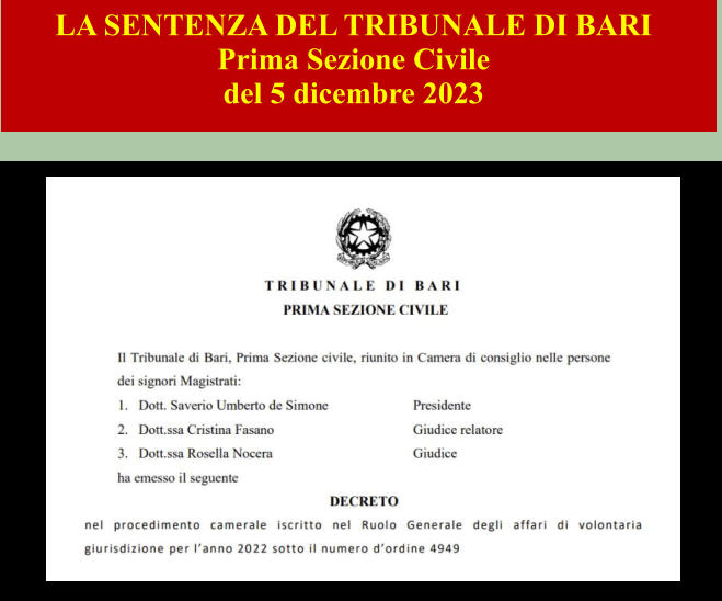 LA SENTENZA DEL TRIBUNALE DI BARI Prima Sezione Civile del 5 dicembre 2023